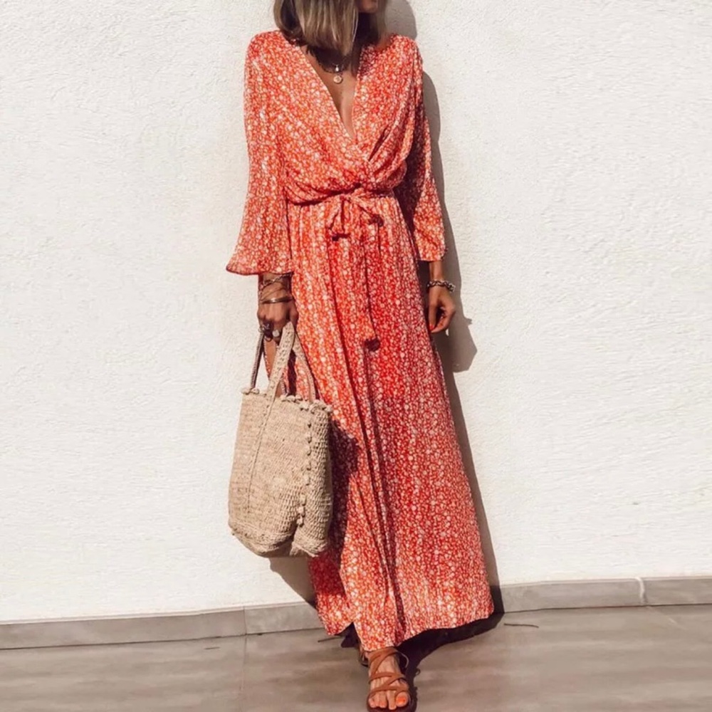 GORGEOUS ORANGE AND WHITE MAXI DRESS-SLIP-NEW